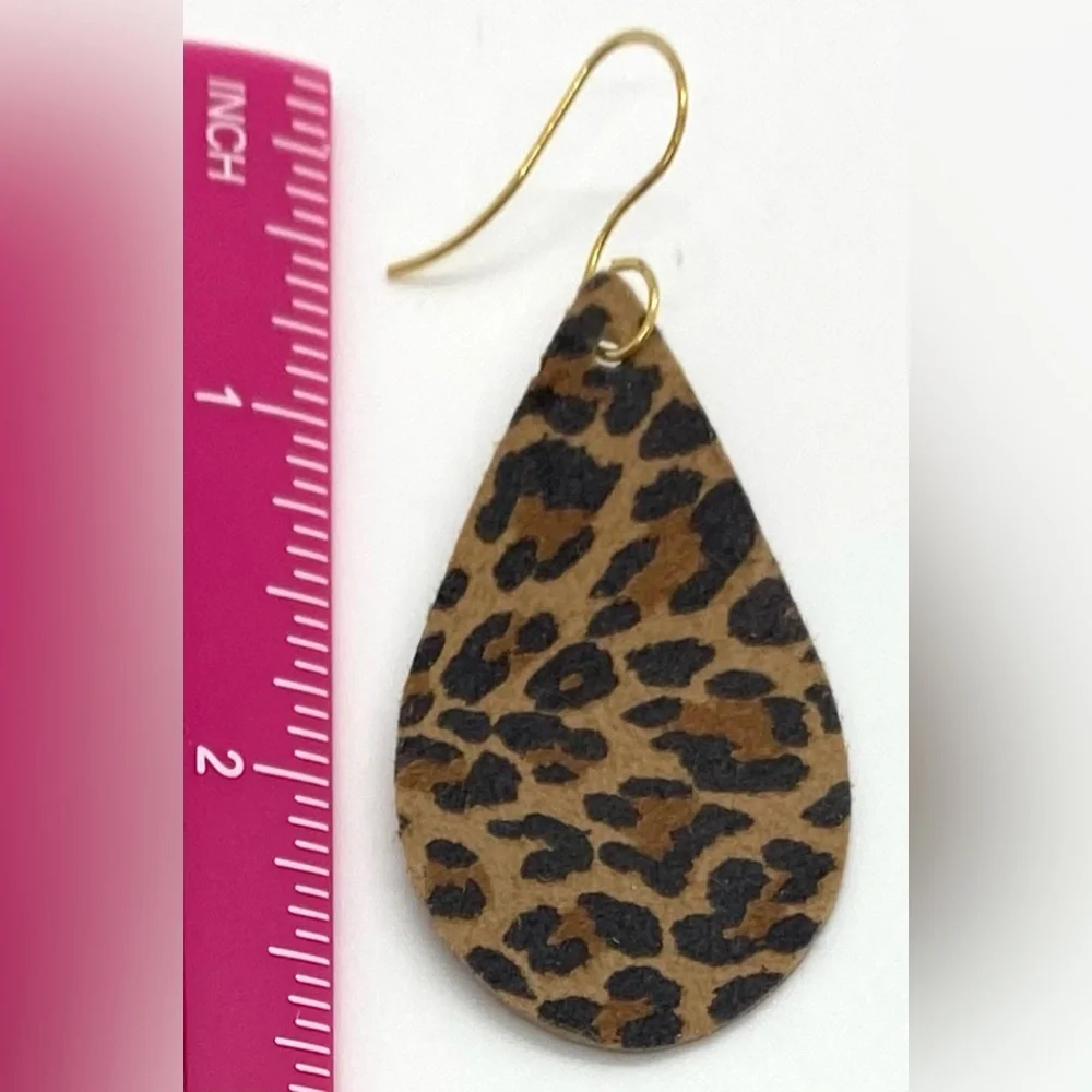 Brown Animal Print FauxFur Leather Dangle Earrings Boho Eclectic Y2K Festival - Picture 6 of 10